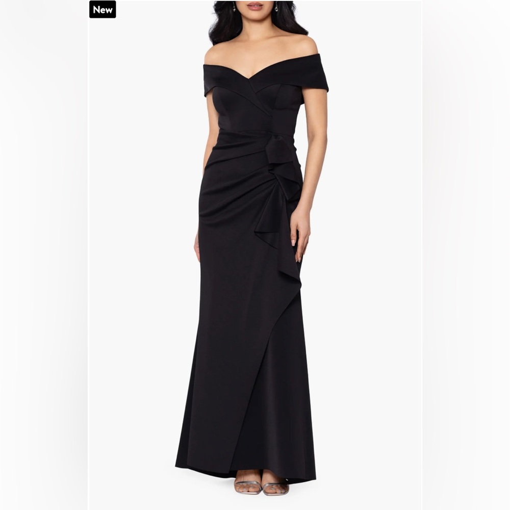 Xscape Evenings Off The Shoulder Ruffle Scuba Crepe Gown